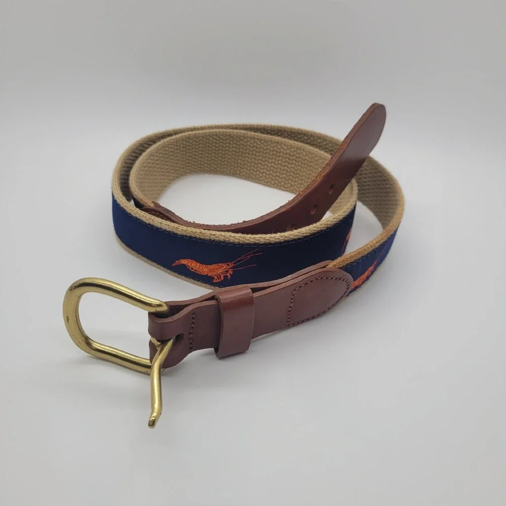 Leather Man Ltd Lobster Surcingle Belt Navy Tan Leather Brass Mens 34 Handmade
